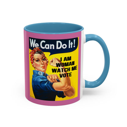 I Am Woman Watch Me Vote Rosie Pink Accent Mug by theGreenDragonTavern.shop