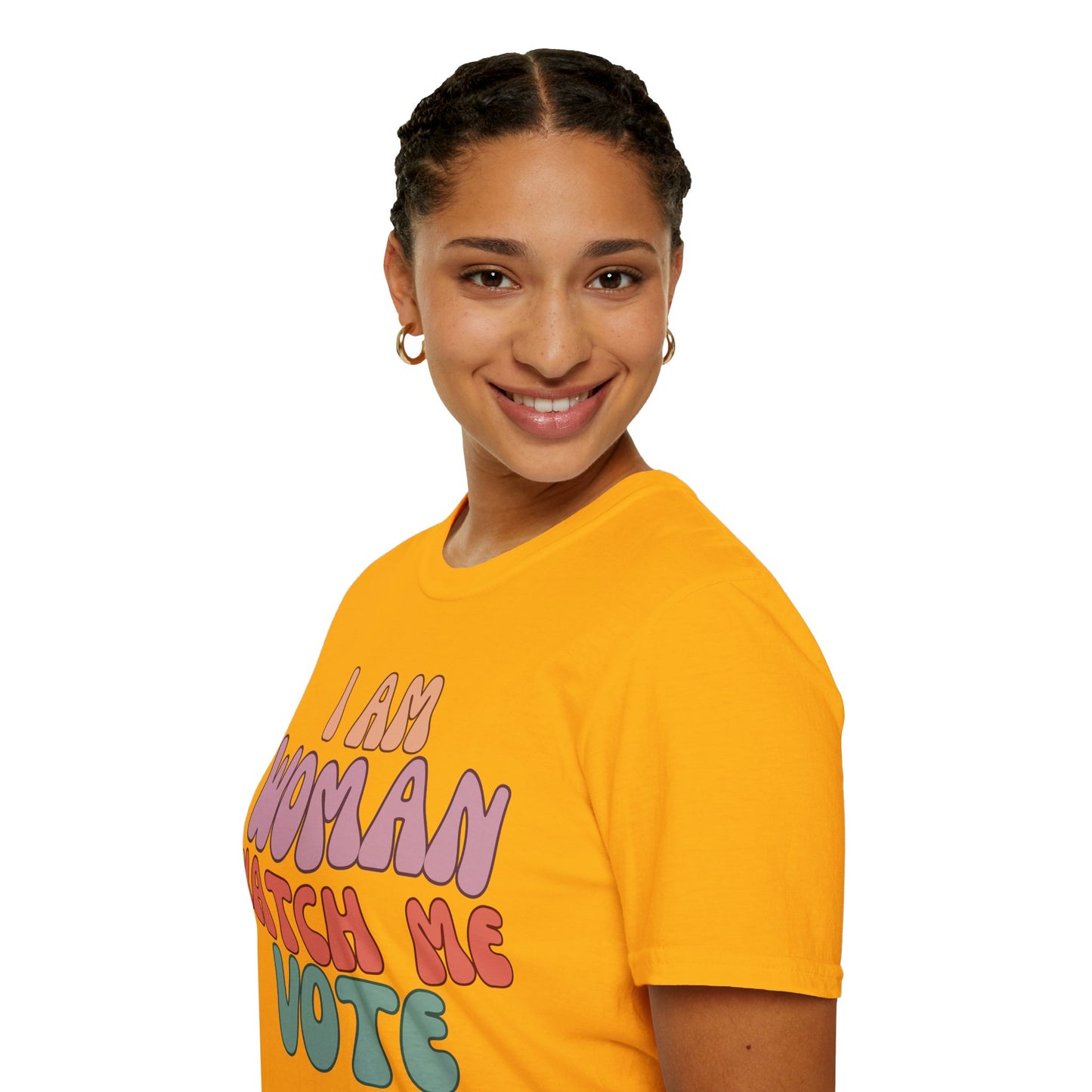 2-sided, I Am Woman Watch Me Vote Light colors Unisex T-Shirt by theGreenDragonTavern.shop