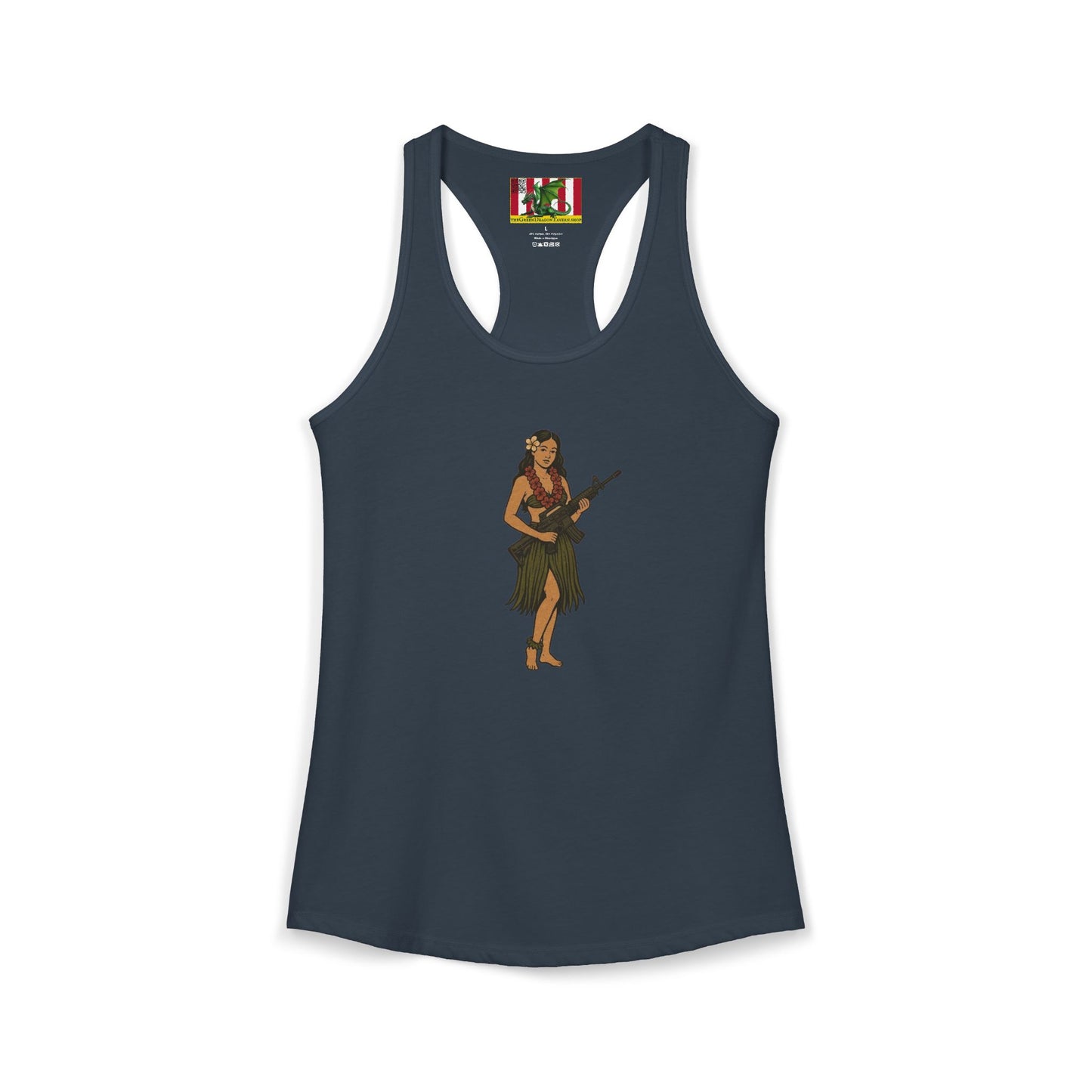 Hula Girl Packin' Heat Women's Racerback Tank Top by theGreenDragonTavern.shop