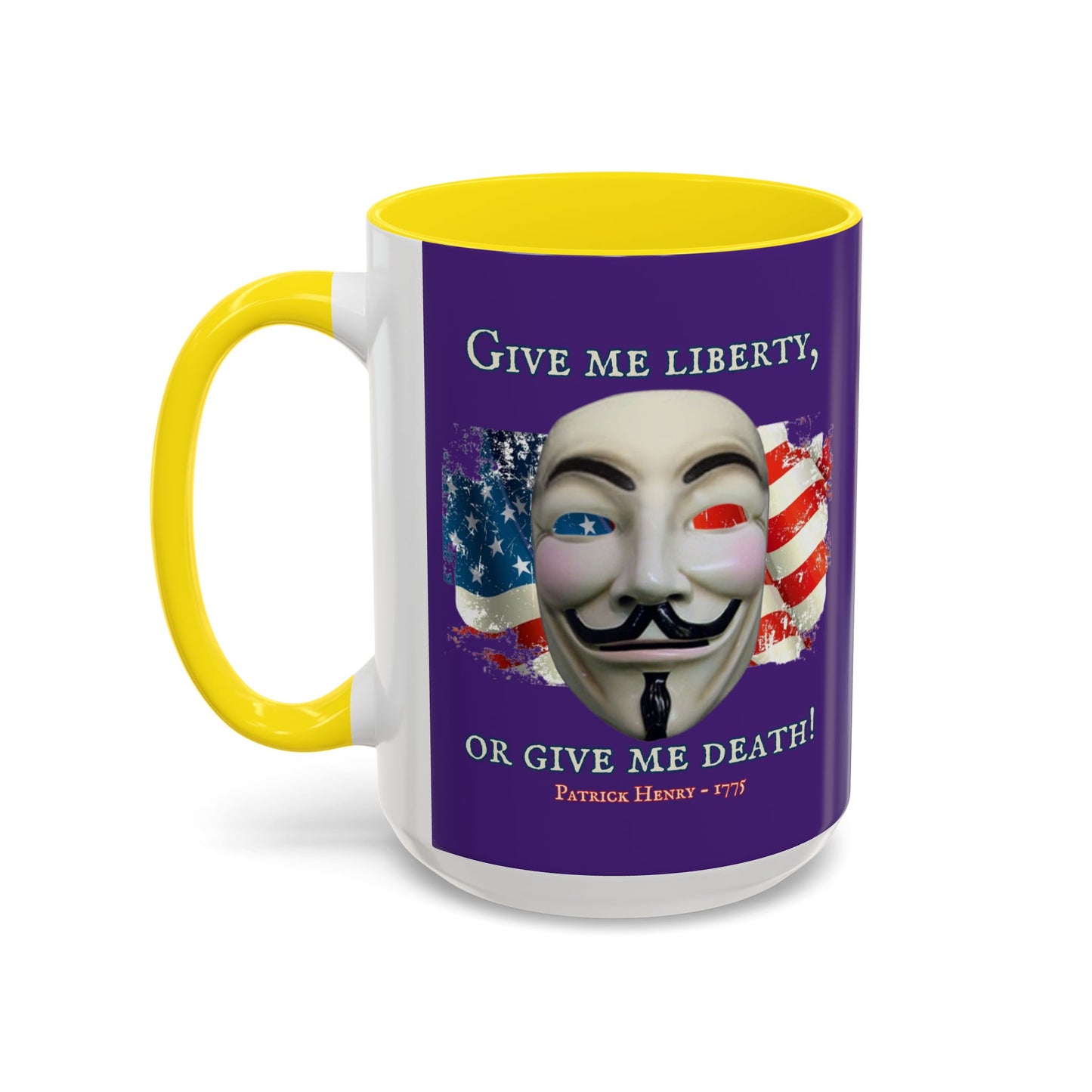Vendetta, "Give me liberty, or give me death!" Purple Accent Mug by theGreenDragonTavern.shop