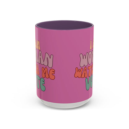 I Am Woman Watch Me Vote Pink Accent Mug by theGreenDragonTavern.shop