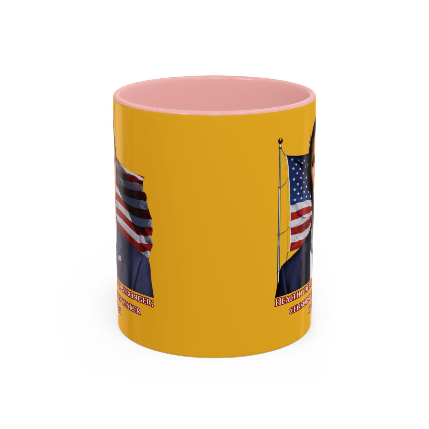 Charlie Kirk, Healthy Debate Yellow Accent Mug by theGreenDragonTavern.shop