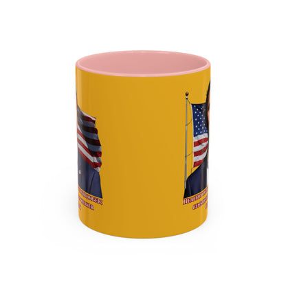 Charlie Kirk, Healthy Debate Yellow Accent Mug by theGreenDragonTavern.shop