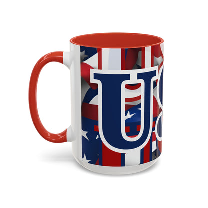 USA! USA! USA Blue font Patriot Blue Accent Mug by theGreenDragonTavern.shop