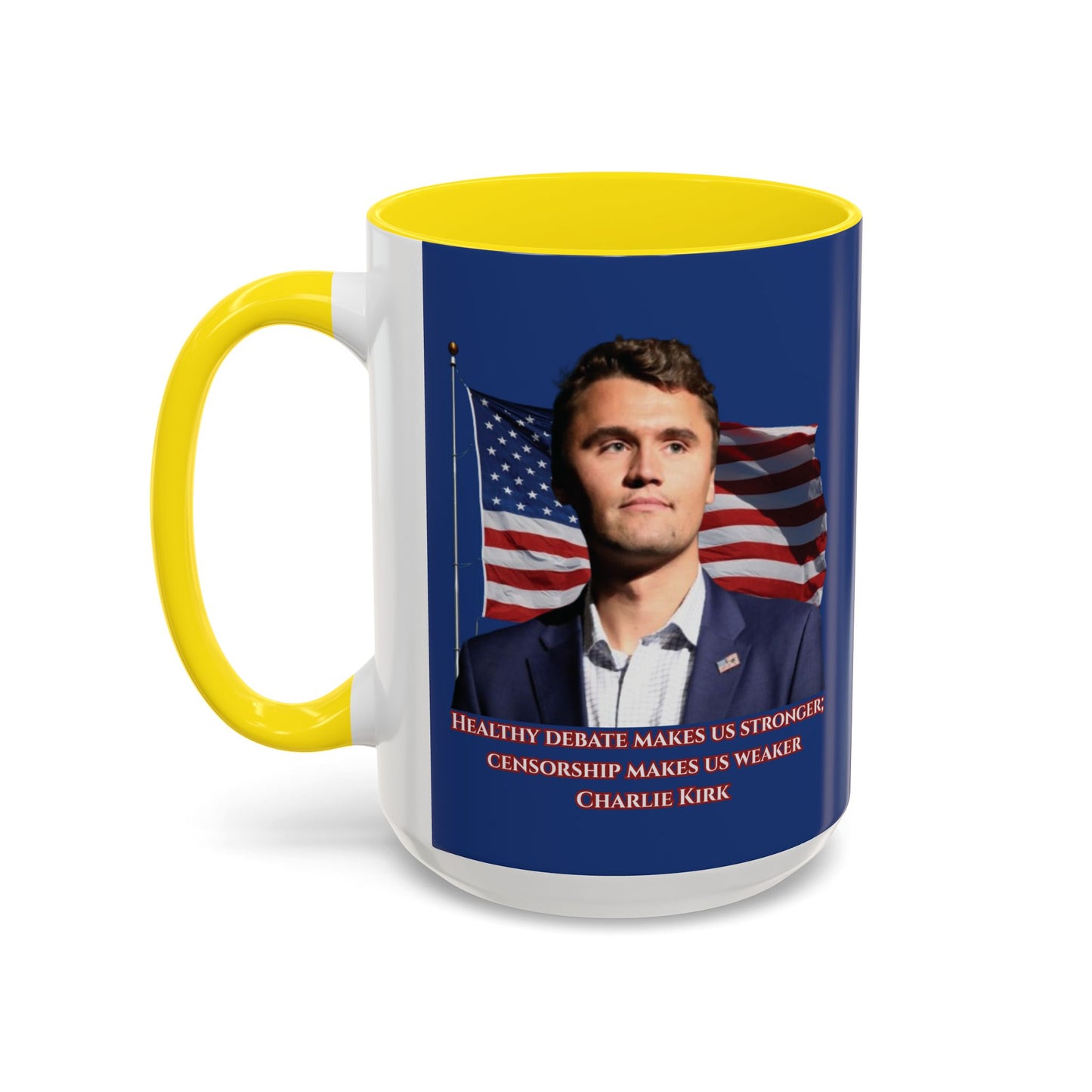 Charlie Kirk, Healthy Debate Blue Accent Mug by theGreenDragonTavern.shop