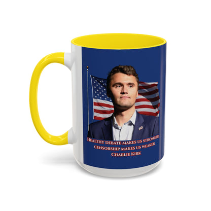 Charlie Kirk, Healthy Debate Blue Accent Mug by theGreenDragonTavern.shop