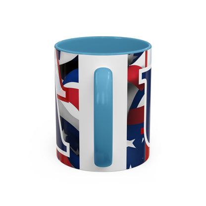 USA! USA! USA Blue font Patriot White Accent Mug by theGreenDragonTavern.shop