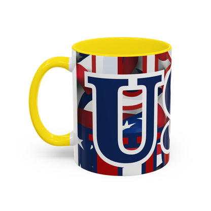 USA! USA! USA Blue font Patriot White Accent Mug by theGreenDragonTavern.shop