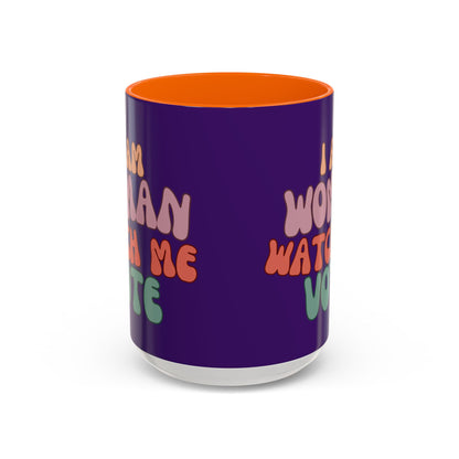 I Am Woman Watch Me Vote Dark Purple Accent Mug by theGreenDragonTavern.shop