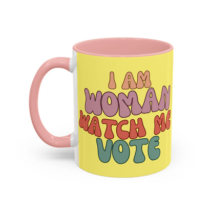 I Am Woman Watch Me Vote Yellow Accent Mug by theGreenDragonTavern.shop