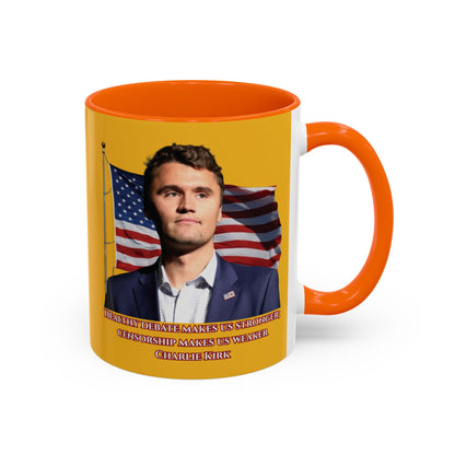Charlie Kirk, Healthy Debate Yellow Accent Mug by theGreenDragonTavern.shop