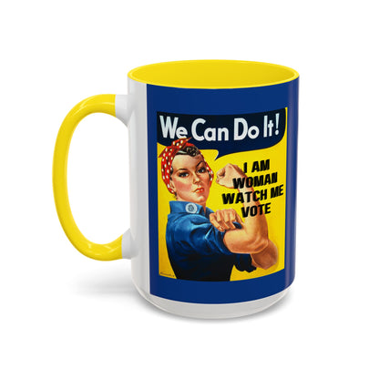 I Am Woman Watch Me Vote Rosie Dark Blue Accent Mug by theGreenDragonTavern.shop