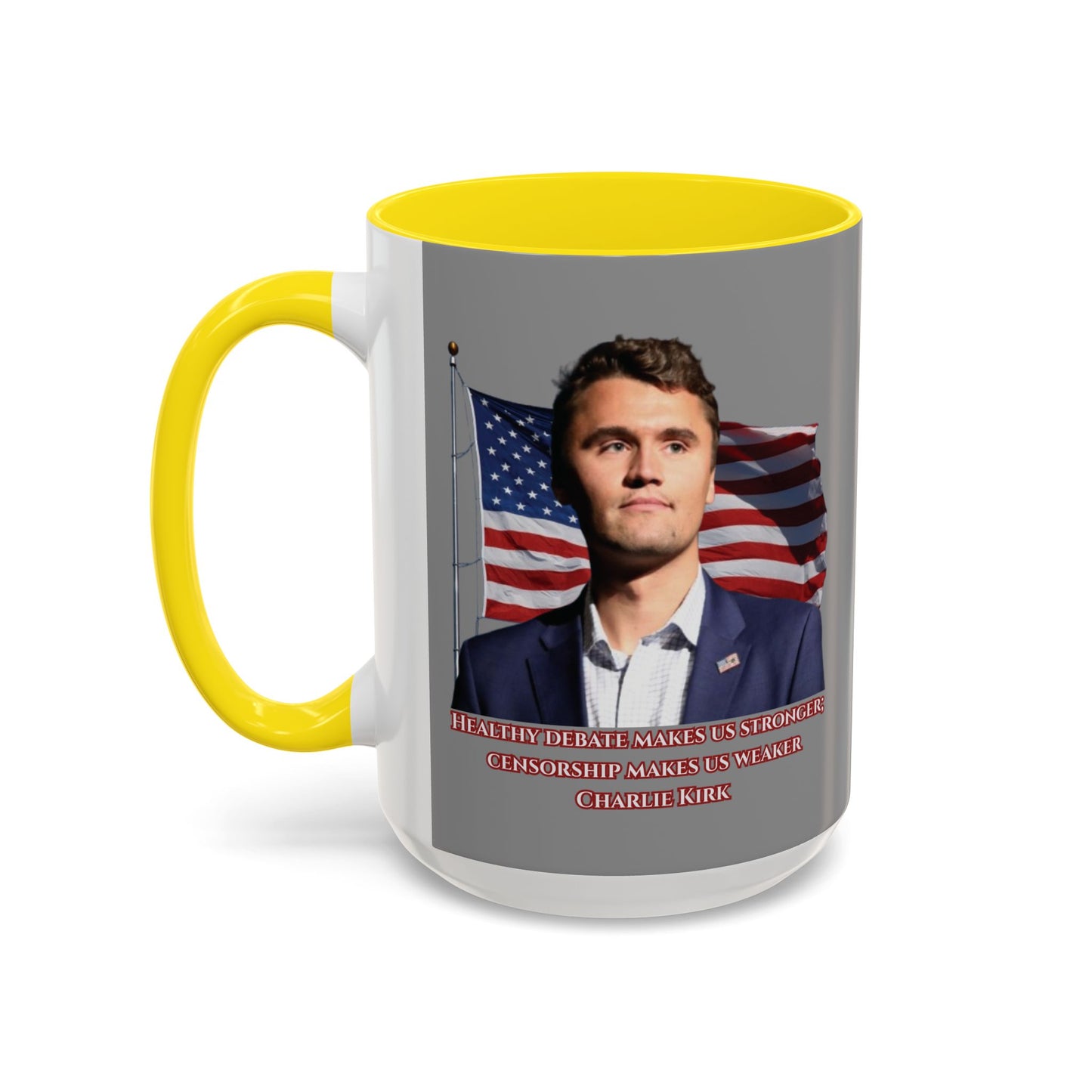 Charlie Kirk, Healthy Debate Grey Accent Mug by theGreenDragonTavern.shop