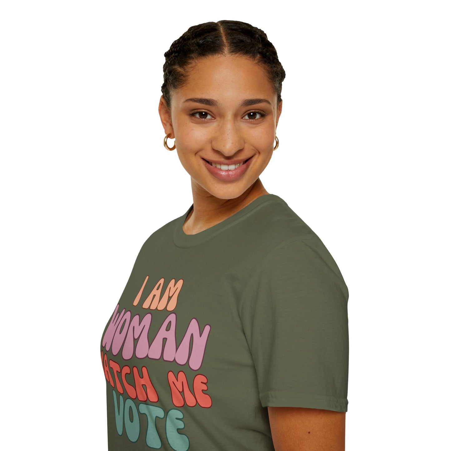 2-sided, I Am Woman Watch Me Vote Dark colors Unisex T-Shirt by theGreenDragonTavern.shop