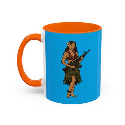 Hula Girl Packin' Heat Light Blue Accent Mug by theGreenDragonTavern.shop