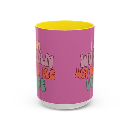 I Am Woman Watch Me Vote Pink Accent Mug by theGreenDragonTavern.shop