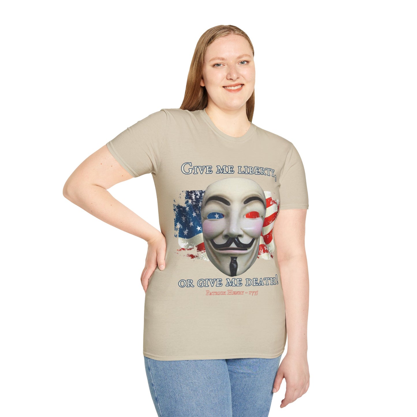 Vendetta, "Give me liberty, or give me death!" Light colors Unisex T-Shirt by theGreenDragonTavern.shop