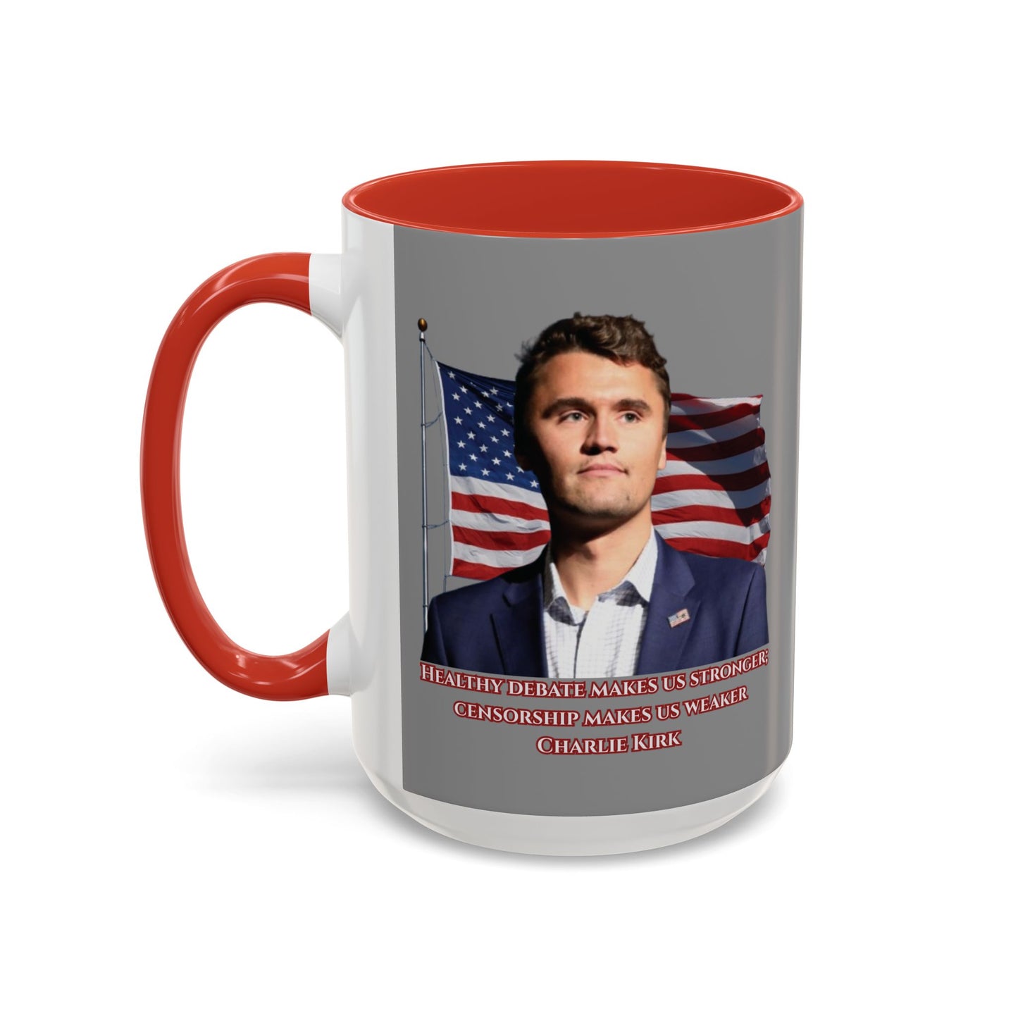 Charlie Kirk, Healthy Debate Grey Accent Mug by theGreenDragonTavern.shop