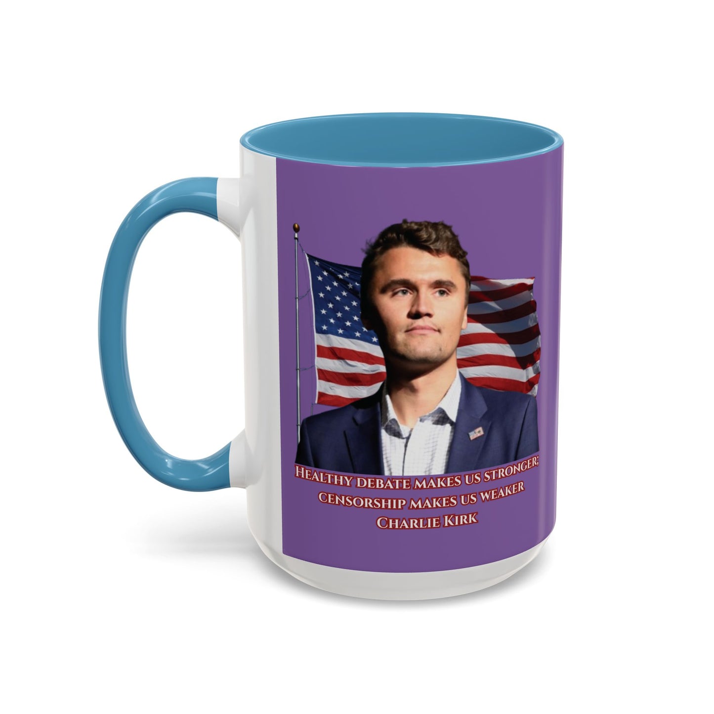 Charlie Kirk, Healthy Debate Light Purple Accent Mug by theGreenDragonTavern.shop