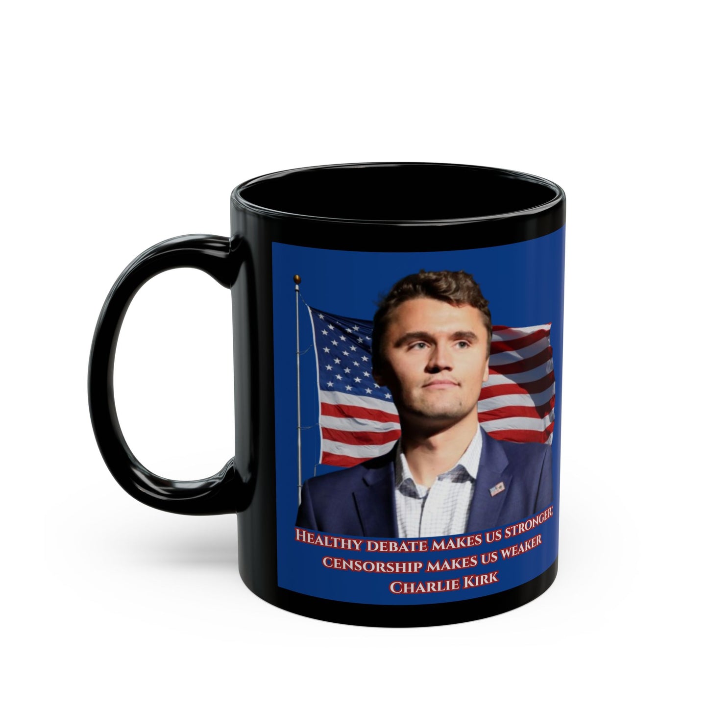 Charlie Kirk, Healthy Debate Blue Mug by theGreenDragonTavern.shop