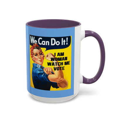 I Am Woman Watch Me Vote Rosie Light Blue Accent Mug by theGreenDragonTavern.shop