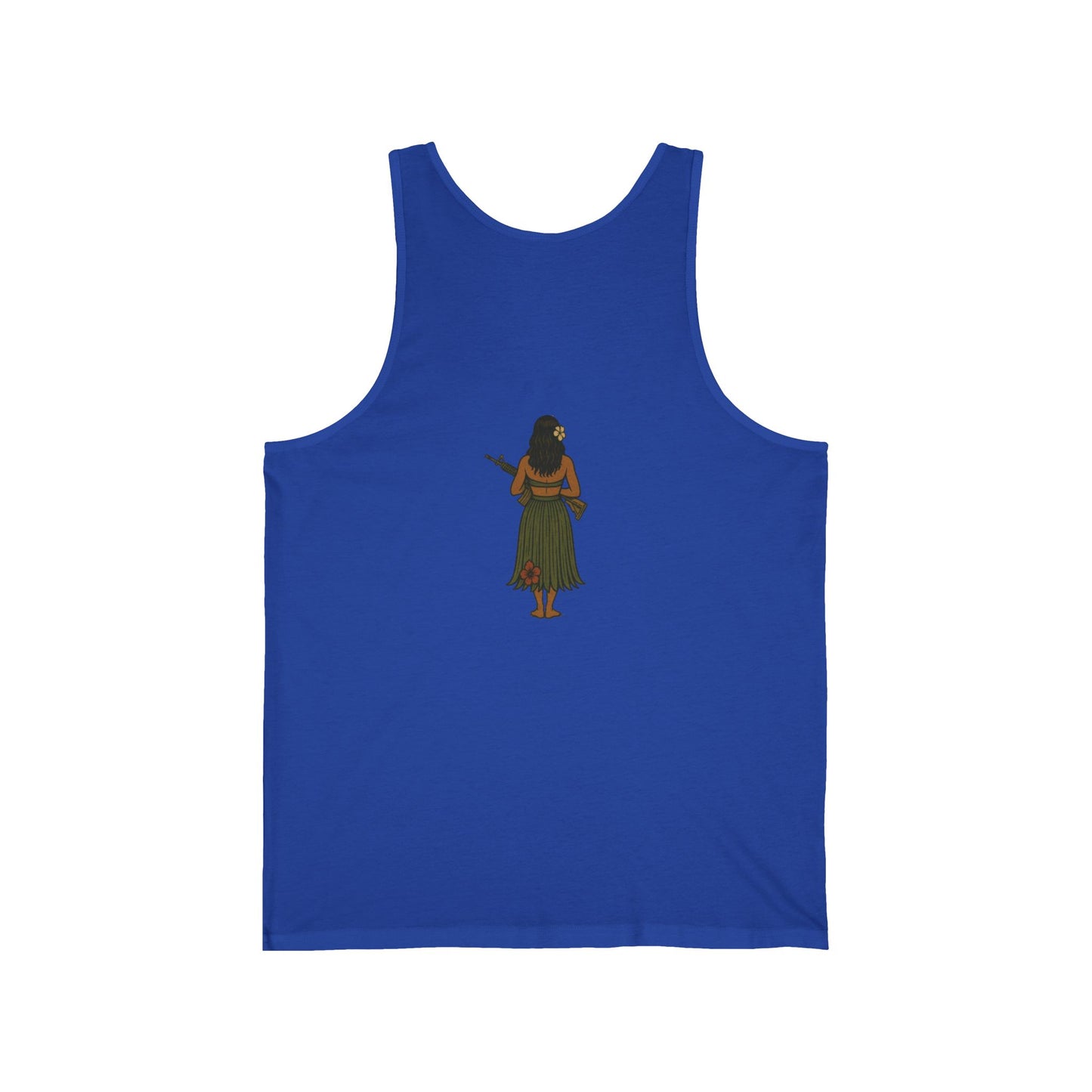 2-sided, Hula Girl Packin' Heat Unisex Jersey Tank Top by theGreenDragonTavern.shop