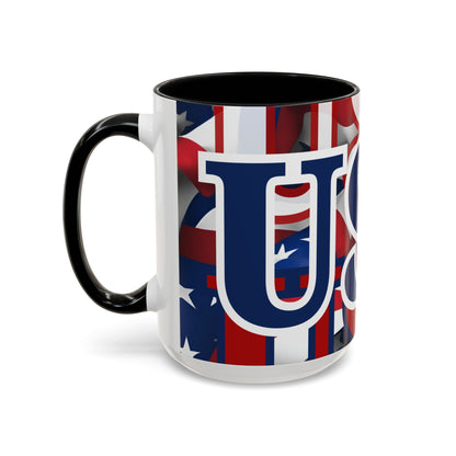 USA! USA! USA Blue font Patriot Blue Accent Mug by theGreenDragonTavern.shop