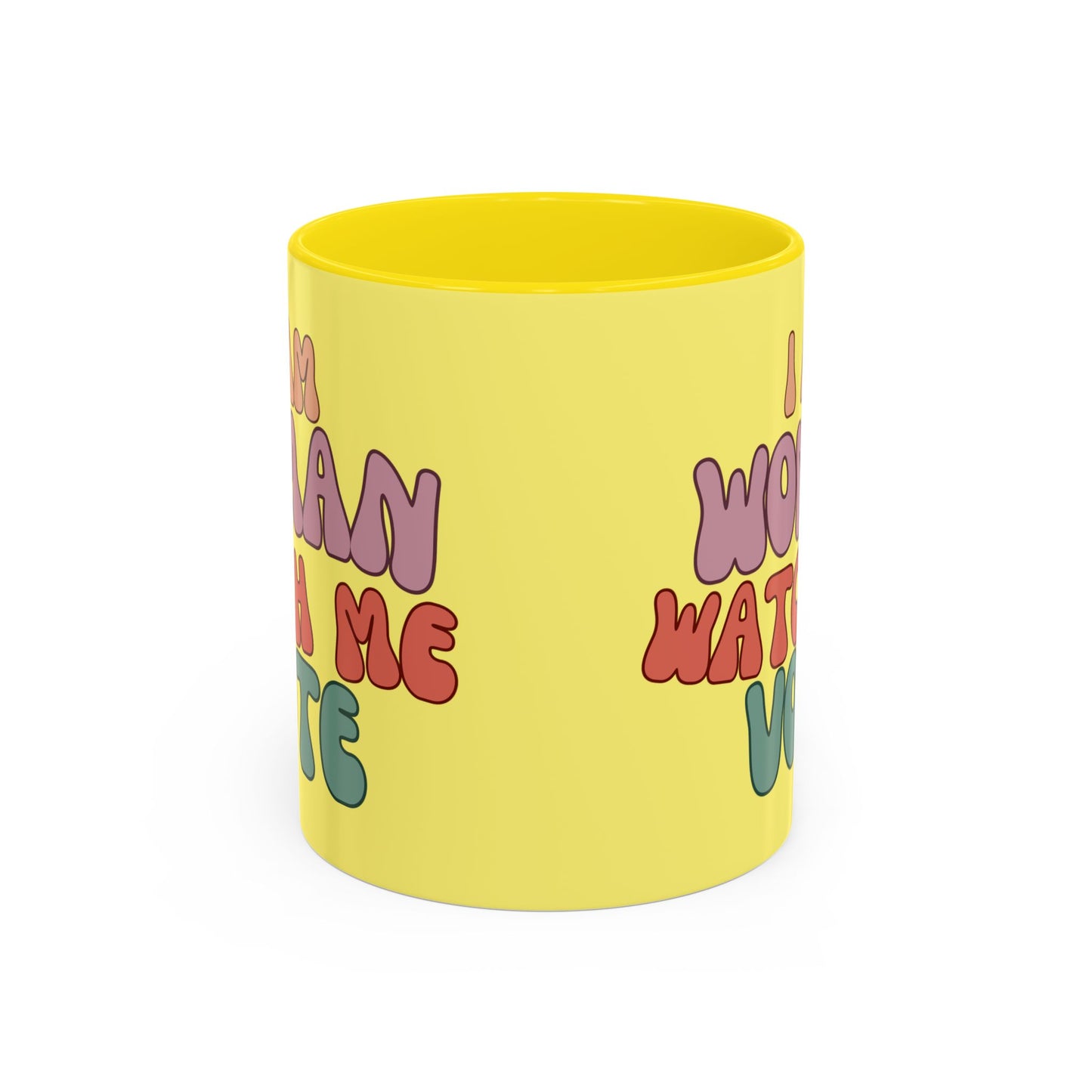 I Am Woman Watch Me Vote Yellow Accent Mug by theGreenDragonTavern.shop