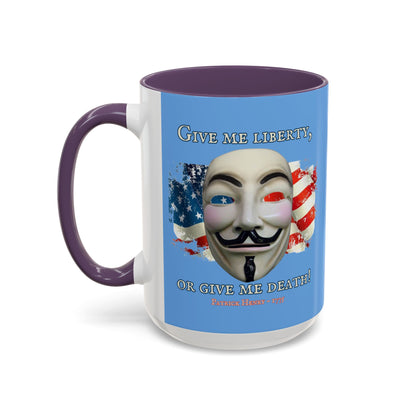 Vendetta, "Give me liberty, or give me death!" Blue Accent Mug by theGreenDragonTavern.shop