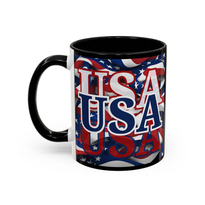 USA Blue font Center Patriot Black Accent Mug by theGreenDragonTavern.shop