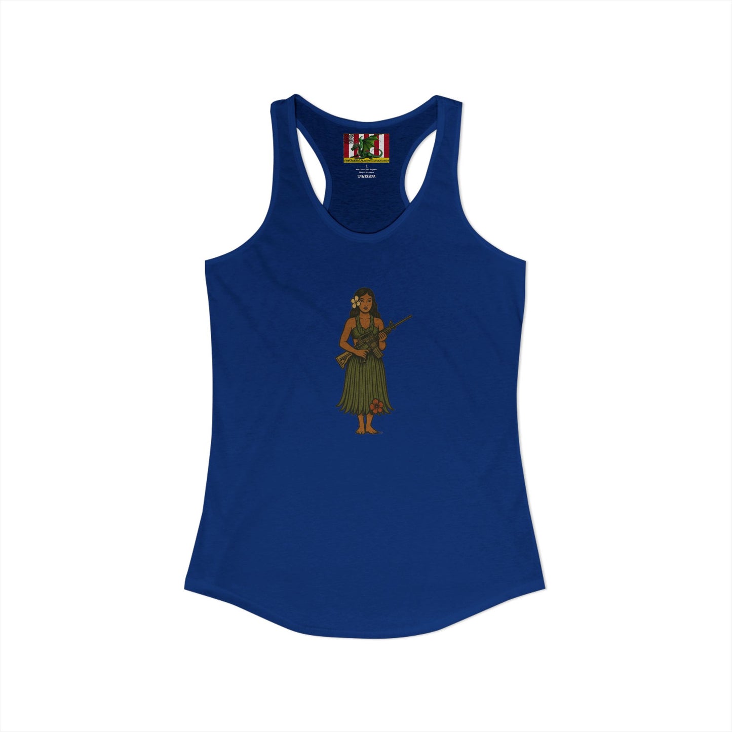 2-sided, Hula Girl Packin' Heat Women's Racerback Tank Top by theGreenDragonTavern.shop