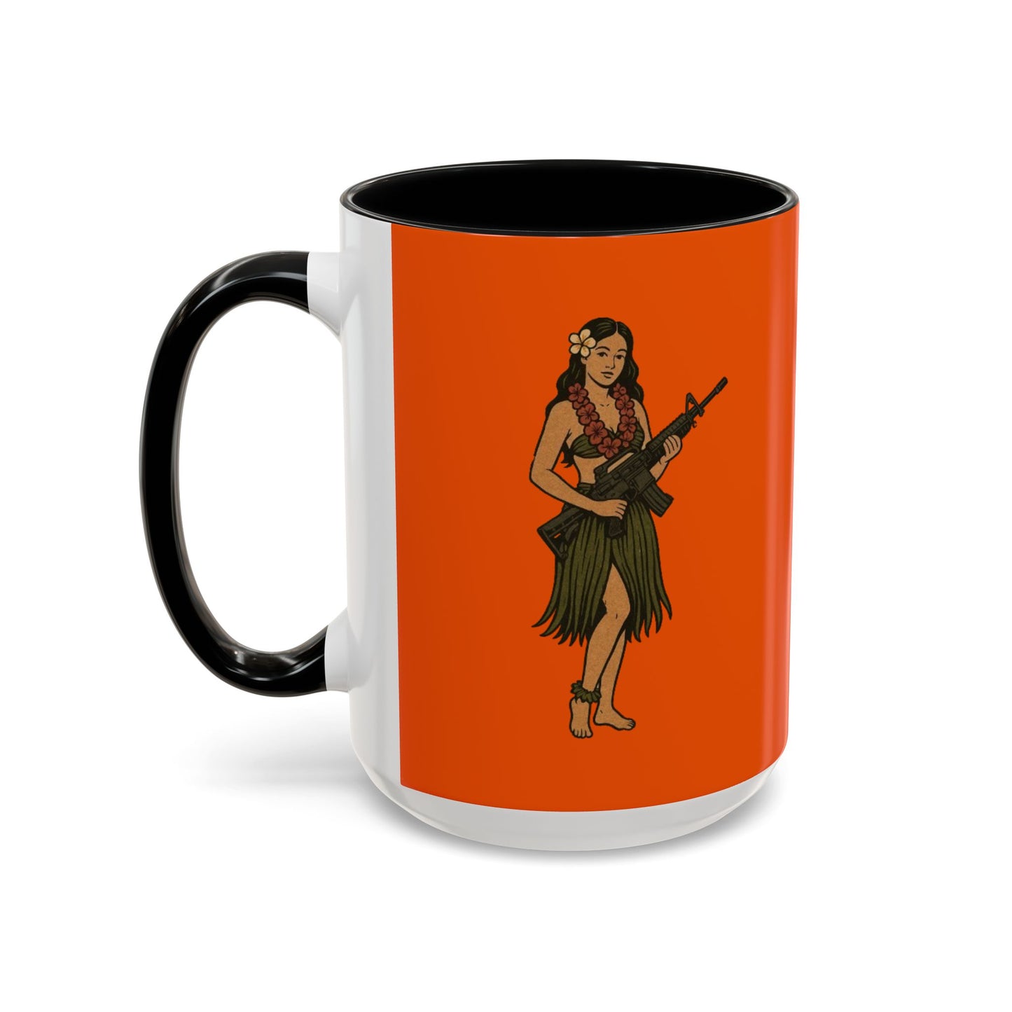 Hula Girl Packin' Heat Orange Accent Mug by theGreenDragonTavern.shop