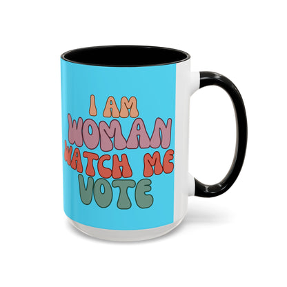 I Am Woman Watch Me Vote Light Blue Accent Mug by theGreenDragonTavern.shop