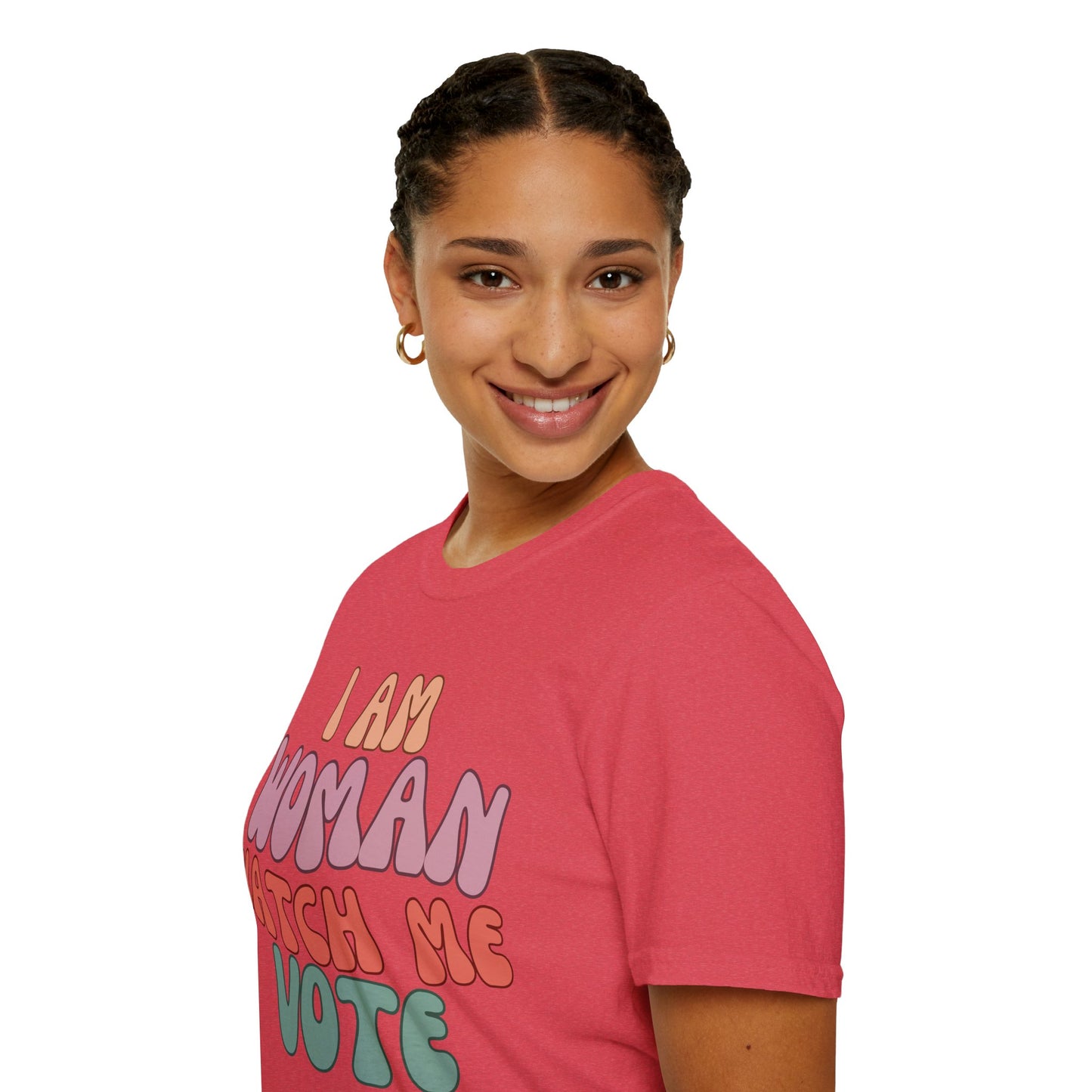 2-sided, I Am Woman Watch Me Vote Light colors Unisex T-Shirt by theGreenDragonTavern.shop