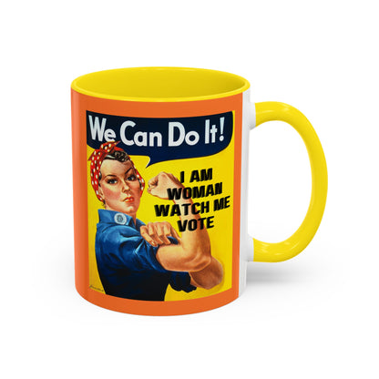 I Am Woman Watch Me Vote Rosie Orange Accent Mug by theGreenDragonTavern.shop
