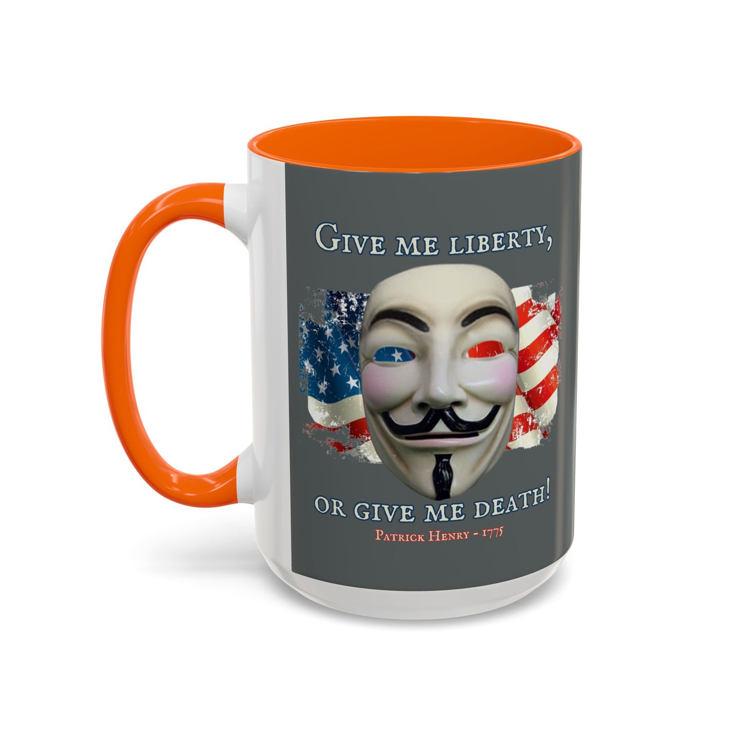Vendetta, "Give me liberty, or give me death!" Grey Accent Mug by theGreenDragonTavern.shop