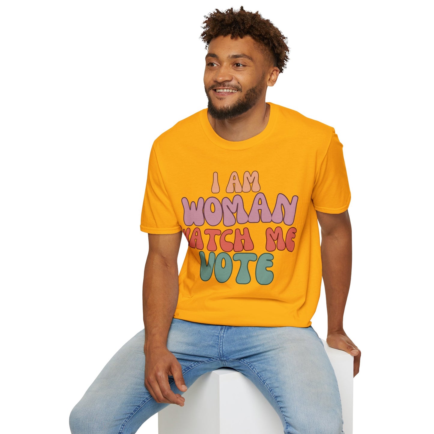 2-sided, I Am Woman Watch Me Vote Light colors Unisex T-Shirt by theGreenDragonTavern.shop