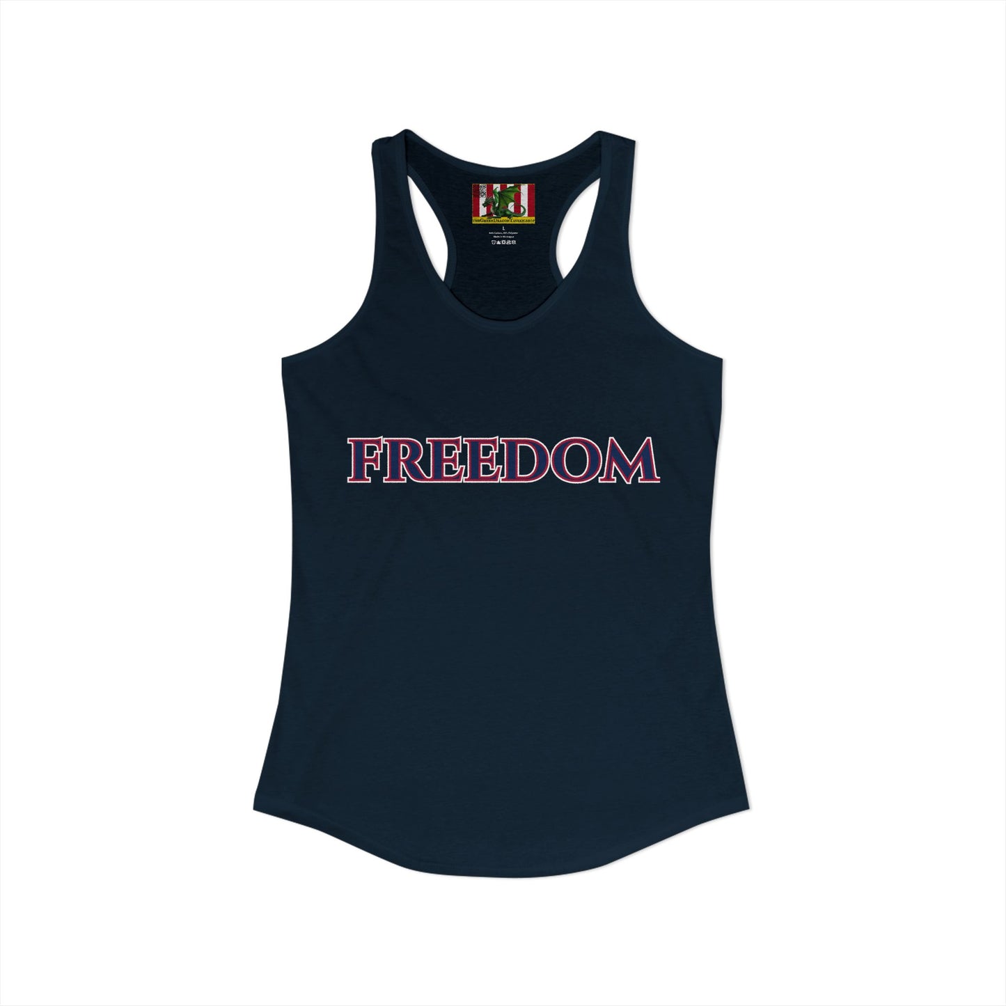 Freedom, Blue font Woman's Racerback Tank Top by theGreenDragonTavern.shop