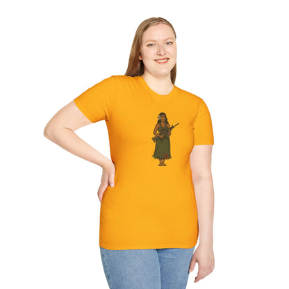 2-sided, Hula Girl Packin' Heat Light colors Unisex T-Shirt by theGreenDragonTavern.shop