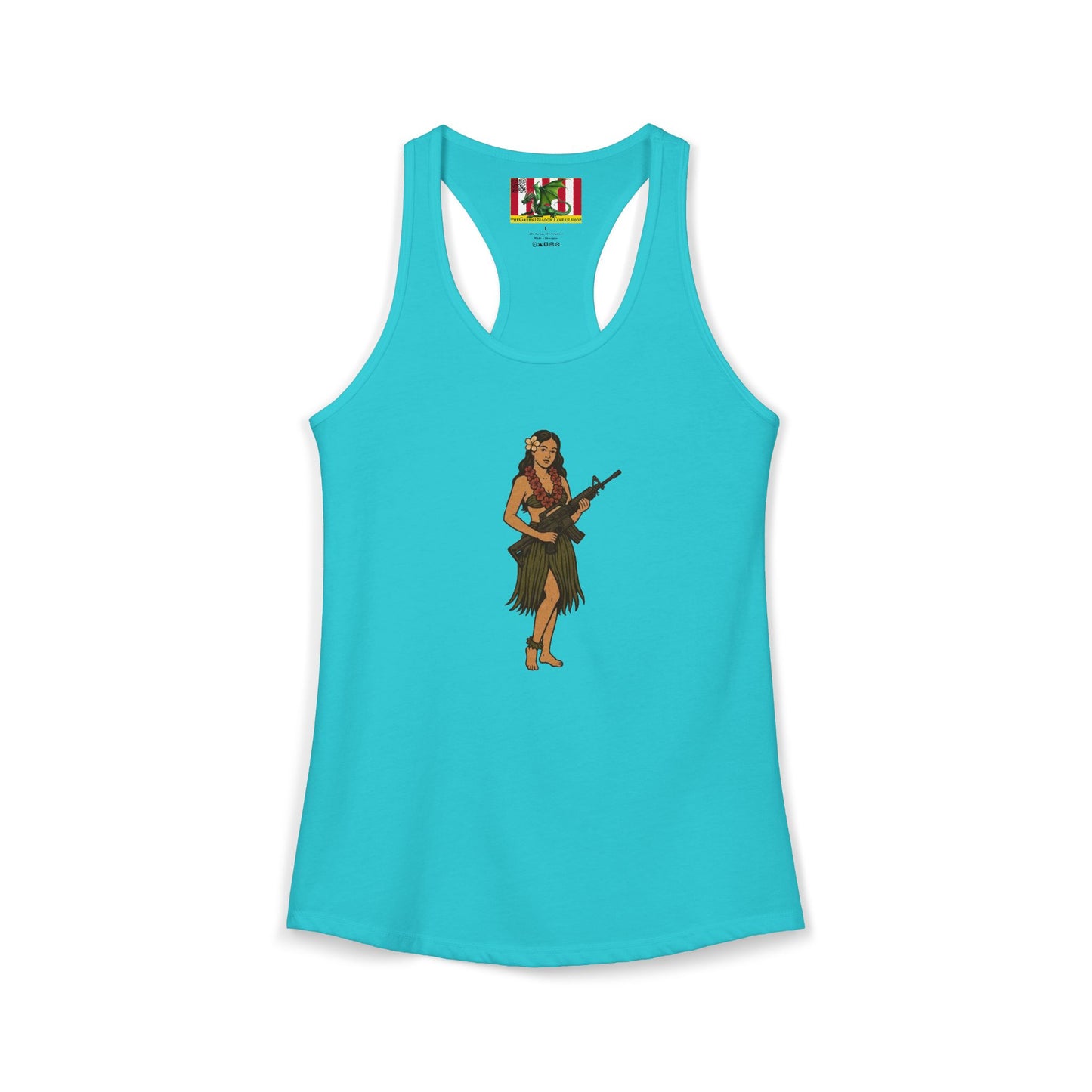 Hula Girl Packin' Heat Women's Racerback Tank Top by theGreenDragonTavern.shop
