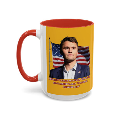 Charlie Kirk, Healthy Debate Yellow Accent Mug by theGreenDragonTavern.shop