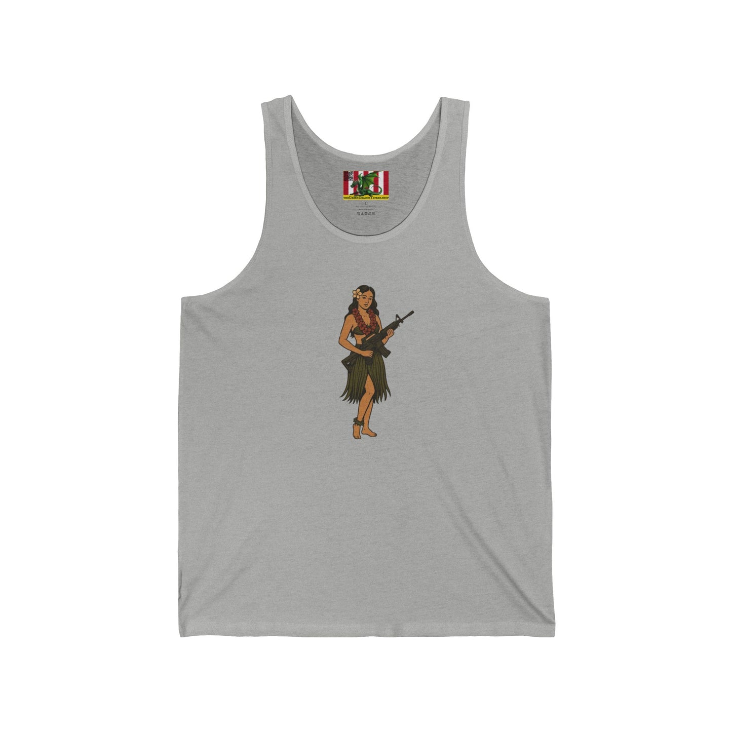 Hula Girl Packin' Heat Unisex Jersey Tank Top by theGreenDragonTavern.shop