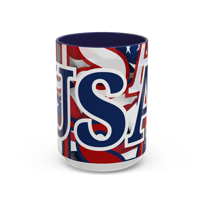 USA! USA! USA Blue font Patriot Red Accent Mug by theGreenDragonTavern.shop