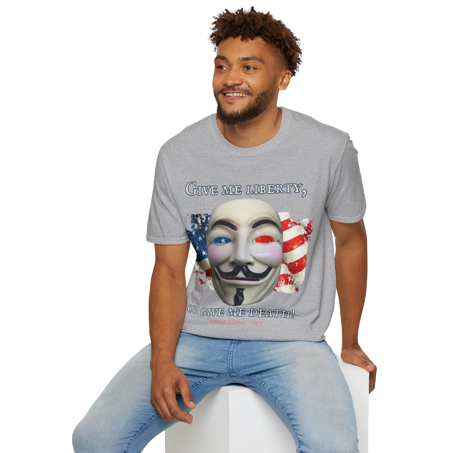 Vendetta, "Give me liberty, or give me death!" Light colors Unisex T-Shirt by theGreenDragonTavern.shop