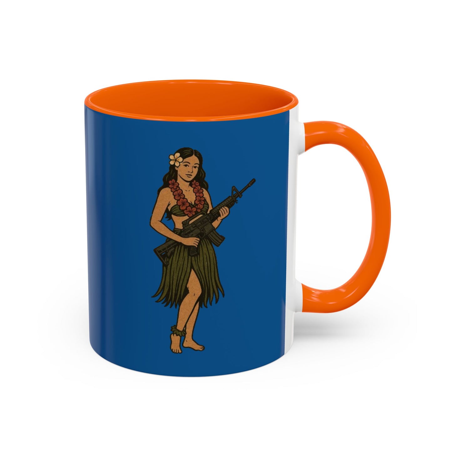 Hula Girl Packin' Heat Dark Blue Accent Mug by theGreenDragonTavern.shop