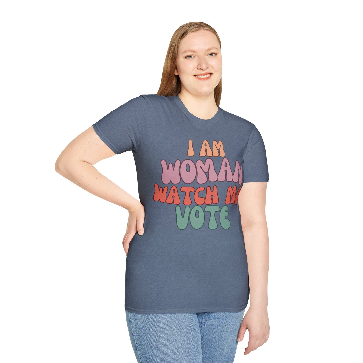 2-sided, I Am Woman Watch Me Vote Dark colors Unisex T-Shirt by theGreenDragonTavern.shop