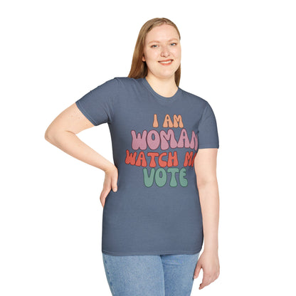 2-sided, I Am Woman Watch Me Vote Dark colors Unisex T-Shirt by theGreenDragonTavern.shop