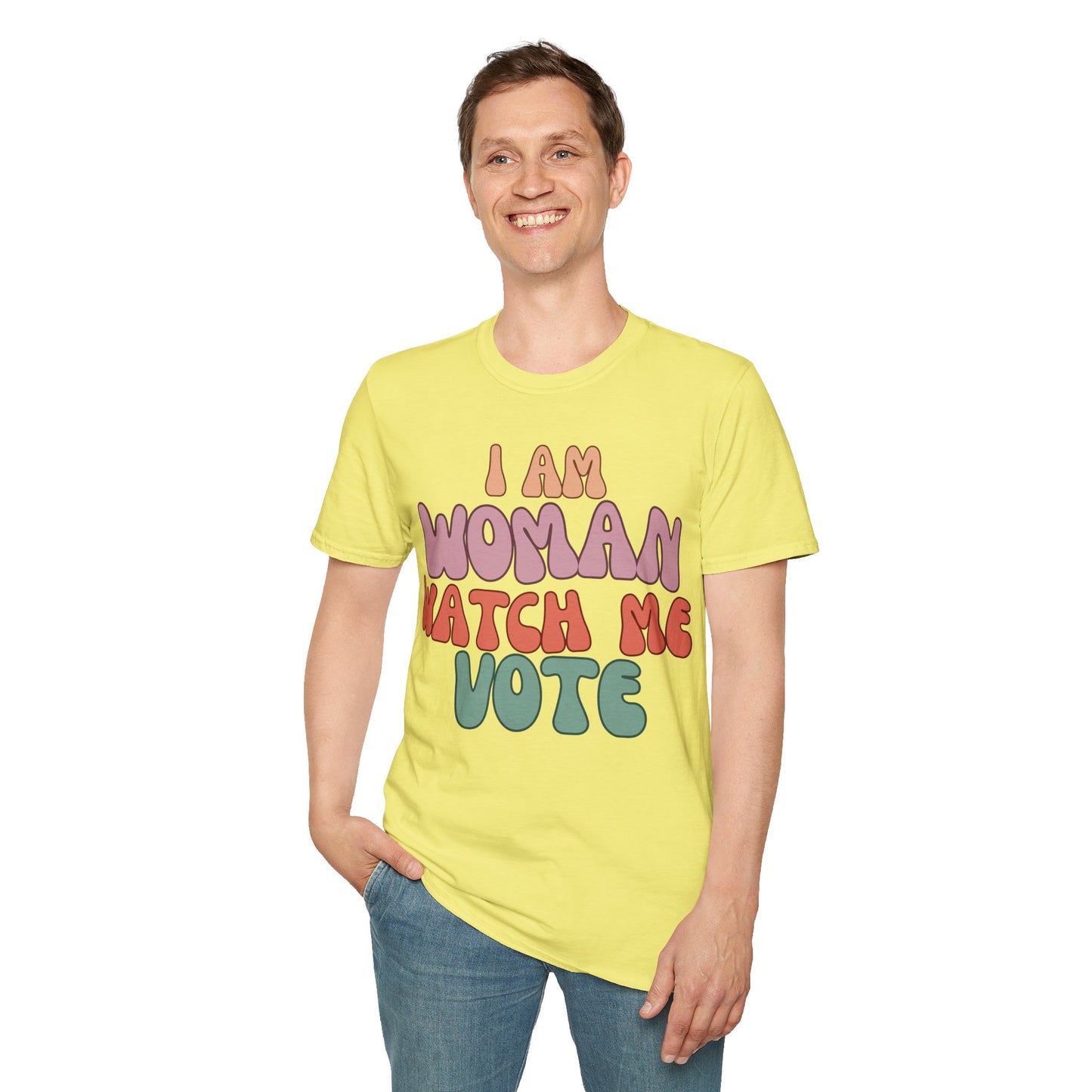 2-sided I Am Woman Watch Me Vote LTcolors Unisex T-Shirt by theGreenDragonTavern.shop