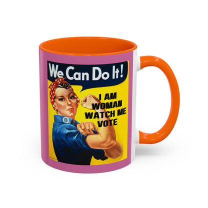 I Am Woman Watch Me Vote Rosie Pink Accent Mug by theGreenDragonTavern.shop