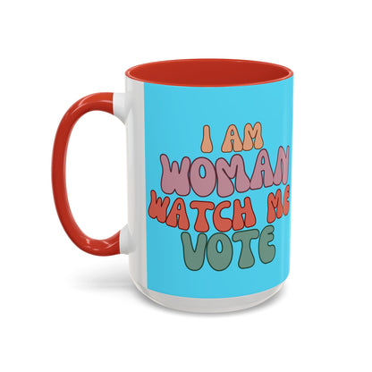 I Am Woman Watch Me Vote Light Blue Accent Mug by theGreenDragonTavern.shop